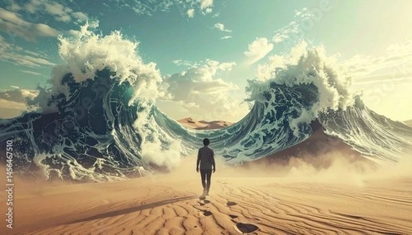 Obraz A lone figure walks across sandy dunes as massive ocean waves dramatically part, blending elements of desert and sea in a surreal scene.