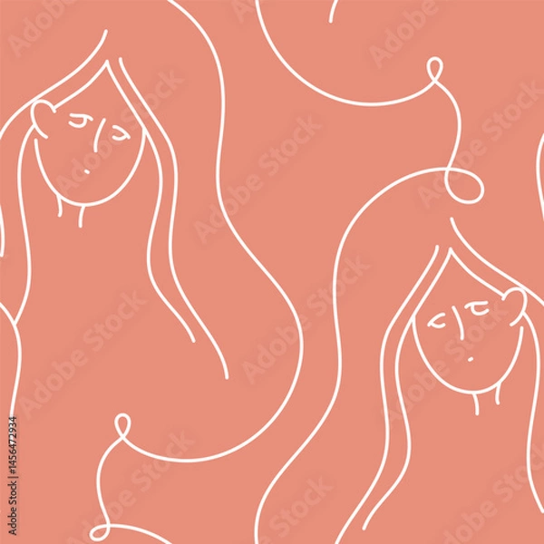Obraz Linear vector seamless pattern of sad girl face. One line drawing. Outline female silhouette. Long lush hair. Editable stroke portrait. Peach graphic print for fabric, wallpaper. Simple contour art