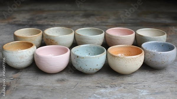 Fototapeta Pastel Speckled Ceramic Cups on Rustic Wood
