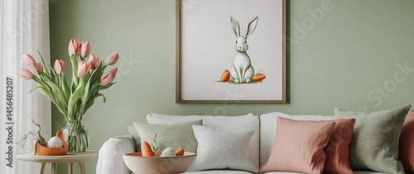 Fototapeta Easter Living Room with Tulips, Poster and Festive Decor