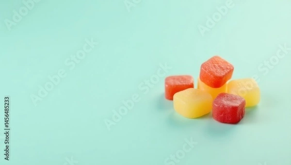 Fototapeta Vegan Gummies. Vegan gummy bears. Isolated background, copyspace.. Colorful vegan gummy bears form pyramid structure on serene blue background, exuding youthful energy and harmony.