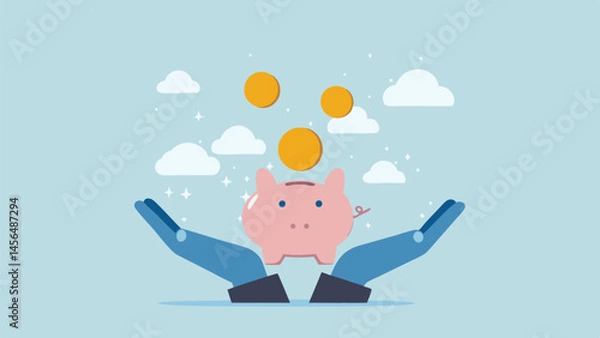 Fototapeta Secure your future Piggy bank savings grow with supportive hands coins falling light blue background