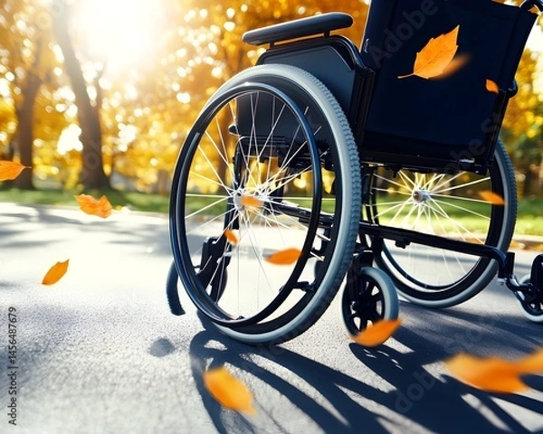 Fototapeta Wheelchair rolling on autumn path, leaves falling.  Sunlight streams through trees