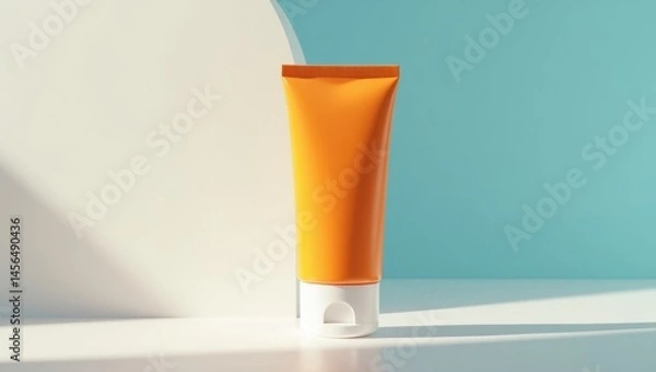 Fototapeta Vitamin C Sunscreen. Vitamin C protection. Trend product close-up. Tube of vitamin C-rich sunscreen sits confidently on table, radiating protective purity and radiant glow.