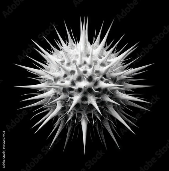 Obraz A 3D rendering of abstract art in monochrome black and white, featuring a surreal cyber sphere with a fractal structure and sharp needles, undergoing a deformation process