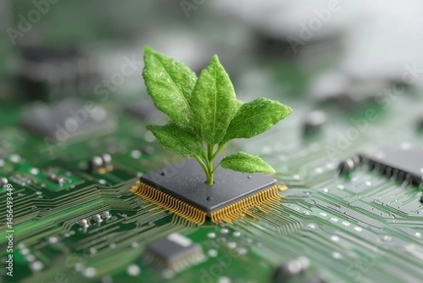 Fototapeta A circuit board with a green plant growing out of it, representing the fusion of technology and nature