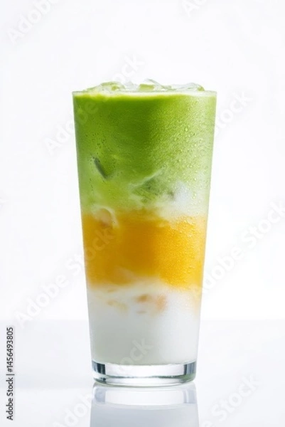 Fototapeta Iced matcha mango latte in a tall glass with vibrant layered gradient and condensation on pure white background Generative AI
