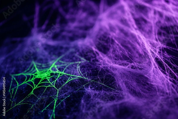 Fototapeta Glowing green spiderweb on dark purple background spooky Halloween scene