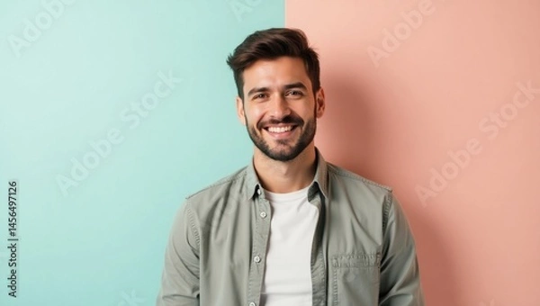 Fototapeta Webhook. Smiling bearded man casual shirt standing front pastel pink b