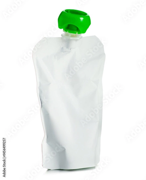 Obraz White baby fruit puree in squeeze pouch on white background isolation