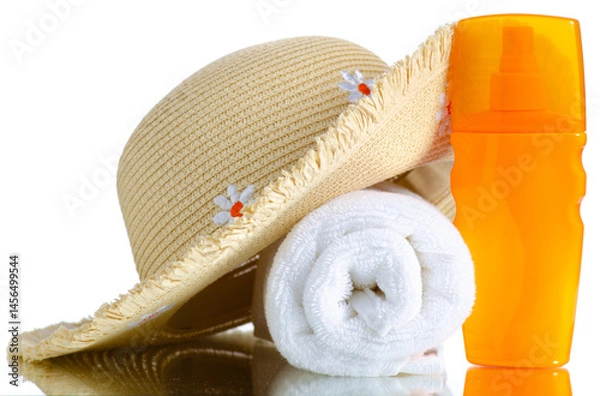 Obraz Summer straw hat, sunscreen, towel on white background isolation, vacation concept