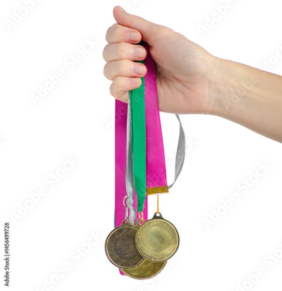 Obraz Gold medal on ribbon in hand on white background isolation