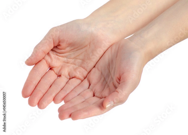 Obraz Female hands two palm showing. Isolated on white background
