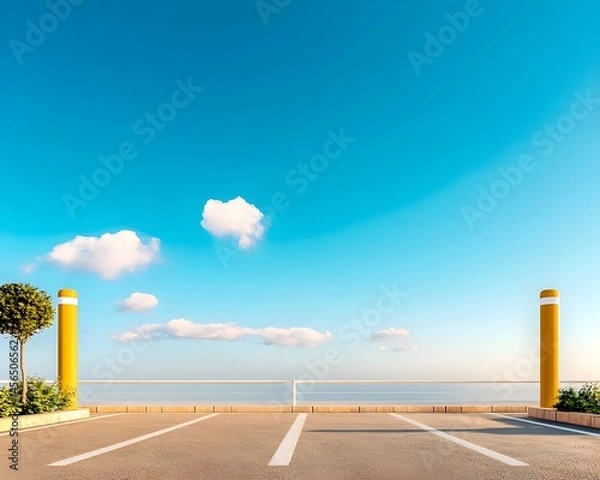 Fototapeta Empty seaside parking lot with clear blue sky, white clouds, and yellow bollards