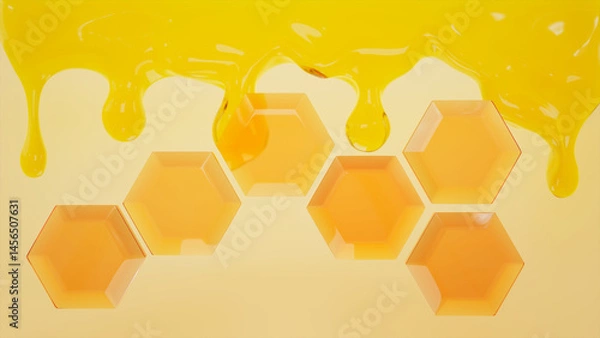 Fototapeta golden honey flowing through hexagonal honeycomb. Bright design concept. Conveys natural sweetness, purity, organic products. Perfect for advertising, packaging or healthy food content.