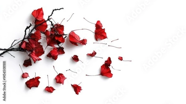 Fototapeta Watercolor autumn scene with red leaves drifting, minimal white background banner