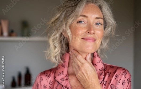Fototapeta An attractive mature female is seated near a mirror at home, applying moisturizing cream to her neck with a jar of nourishing lotion, enjoying her domestic beauty routine