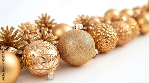 Obraz Gold Christmas Ornaments and Pine Cones on White Background