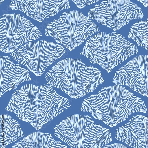 Obraz Vintage Style Elegant Floral Art Deco Seamless Fan vector Pattern in Blue Color - Texture Featuring Shells and Marine Elements