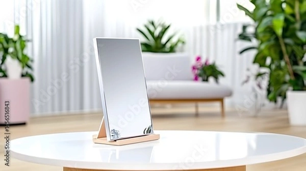Fototapeta A freestanding rectangular mirror with a light wooden stand sits on a white round table in a bright, plant-filled living room
