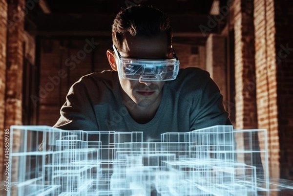 Fototapeta A man wearing augmented reality glasses interacts with a 3D model of a building.