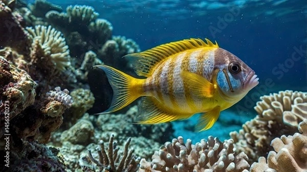 Obraz Various types of small fish swim around the beautiful coral reefs