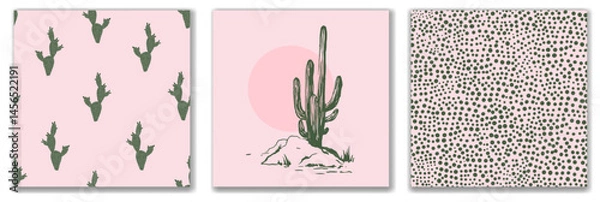Obraz Wild West Set Desert Landscape with Cacti and Sunset, Minimalistic Polka Dot Pattern , Cute Green Cactus Wallpaper on Pink Background