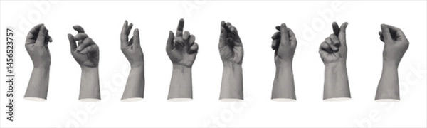 Fototapeta Set of human hands with halftone effect. Monochrome image of hands in the form of hold gestures. Paper clipping shapes, cut out modern retro vector illustration on transparent.