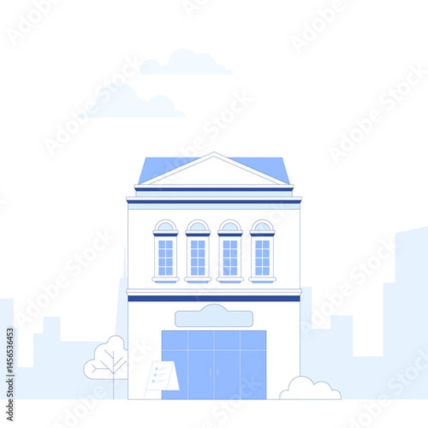 Obraz Suburb city street with apartments houses and shop buildings horizontal background. City view with house facades. Abstract architecture modern cityscape panorama. Vector illustration in flat style