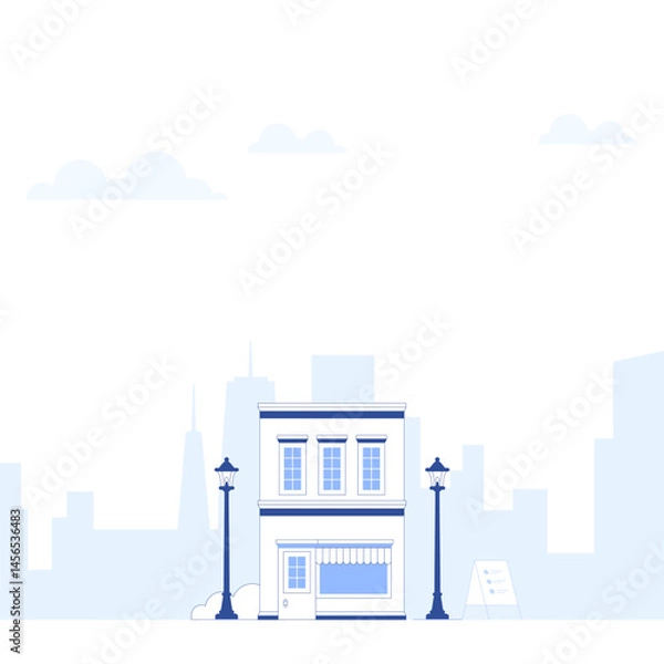 Obraz Suburb city street with apartments houses and shop buildings horizontal background. City view with house facades. Abstract architecture modern cityscape panorama. Vector illustration in flat style