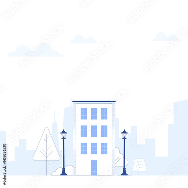 Obraz Suburb city street with apartments houses and shop buildings horizontal background. City view with house facades. Abstract architecture modern cityscape panorama. Vector illustration in flat style