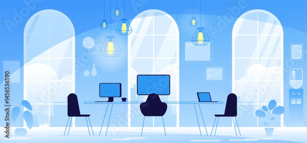 Obraz Office interior. Empty no people open space cabinet room with furniture. Office workstation furniture interior concept. Modern coworking area. Vector flat horizontal cartoon illustration