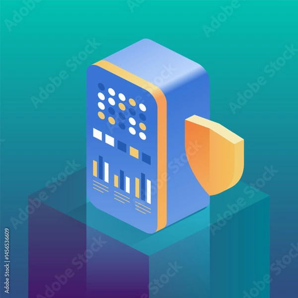 Obraz Server with a shield, symbolizing security and protection of data. Ideal for tech-related themes, cybersecurity concepts, or innovative digital solutions. Vector isometric illustration.