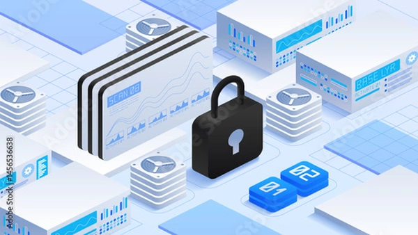Obraz Antivirus encryption and cloud data protection. Padlock symbolizing security, surrounded by servers and cooling fans. Digital interfaces display data analytics. Isometric vector illustration