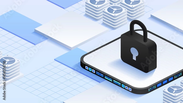 Obraz Antivirus encryption and cloud data protection. Padlock surrounded by server stacks and cooling fans. Data analytics screens. Safeguarding data. Isometric vector illustration