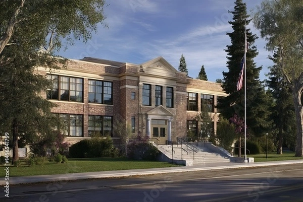 Fototapeta American academic architecture often includes elementary schools built with brick and featuring grassy campuses where children attend classes and learn in a traditional educational setting