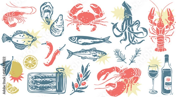 Obraz Seafood Creatures Isolated Design Set