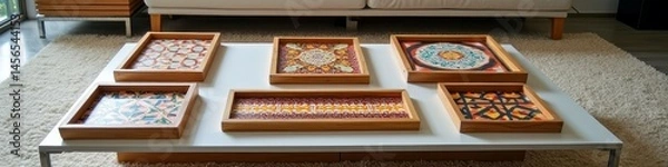 Fototapeta Colorful mosaic art displayed in wooden frames on modern coffee table in living room