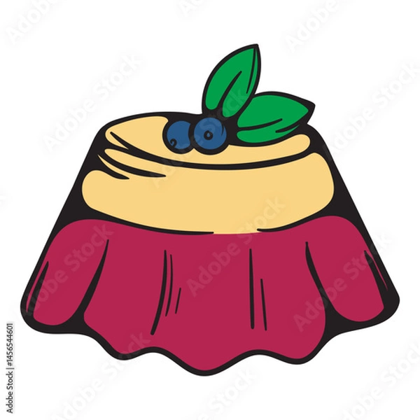 Obraz Pudding. Jelly with blueberries and mint leaves. Sweets. Simple vector illustration for sticker, icon, print. Design element isolated on white background