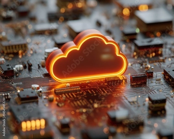 Fototapeta Advanced technology and cloud computing concepts are symbolized by a vibrant glowing digital cloud symbol that is situated on a circuit board