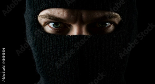 Fototapeta Intense Close Up of Person in Black Balaclava with Sweaty Face Emphasizing Deep Gaze in Dark Studio