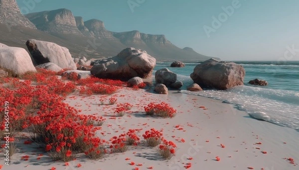 Fototapeta Rocks that are ovoid in shape and covered with vibrant moss thrive in the sand, foliage, and surreal surroundings