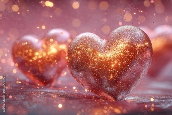 Fototapeta Valentine’s Day 3D render with golden hearts and confetti in pink room under dramatic lighting and shallow depth of field