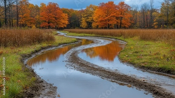 Obraz Autumn Road Reflection with Fall Colors.