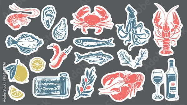 Obraz Seafood Creatures Stickers Design Set