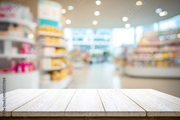Fototapeta Empty White Wooden Table Top In A Blurred Store Interior