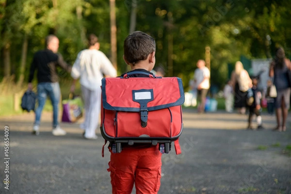 Fototapeta view of a child going to school with a schoolbag on his back on the first day of school
