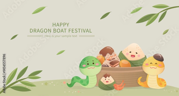 Obraz Dragon Boat Festival advertisement or event poster, cute mascot and snake character