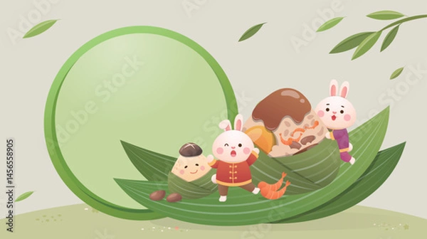 Obraz Advertisement or commercial template of cute rabbit mascot, Chinese Dragon Boat Festival and glutinous rice food Zongzi