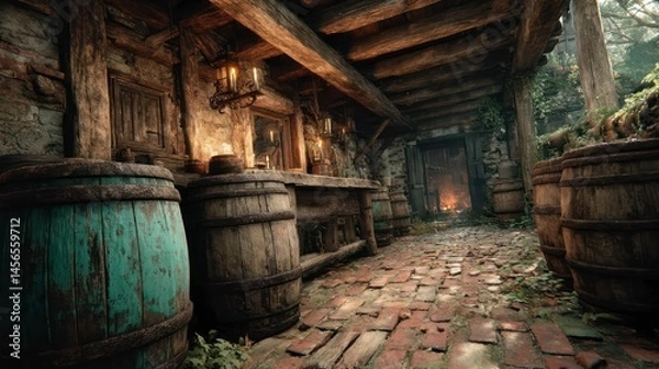 Obraz Cozy Medieval Tavern Interior with Wooden Barrels and Stone Walls